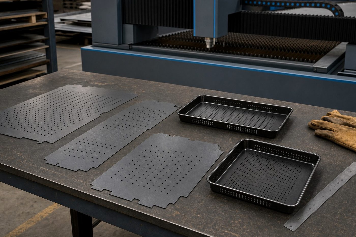 Three laser-cut perforated steel blanks with notched corners on a workbench beside two finished dark perforated trays, a ruler and work gloves, the laser cutter behind