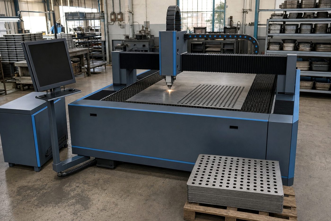 Fibre laser sheet cutter in dark blue-grey with blue trim cutting rows of round holes into a steel tray base, a pallet of finished perforated bases in front