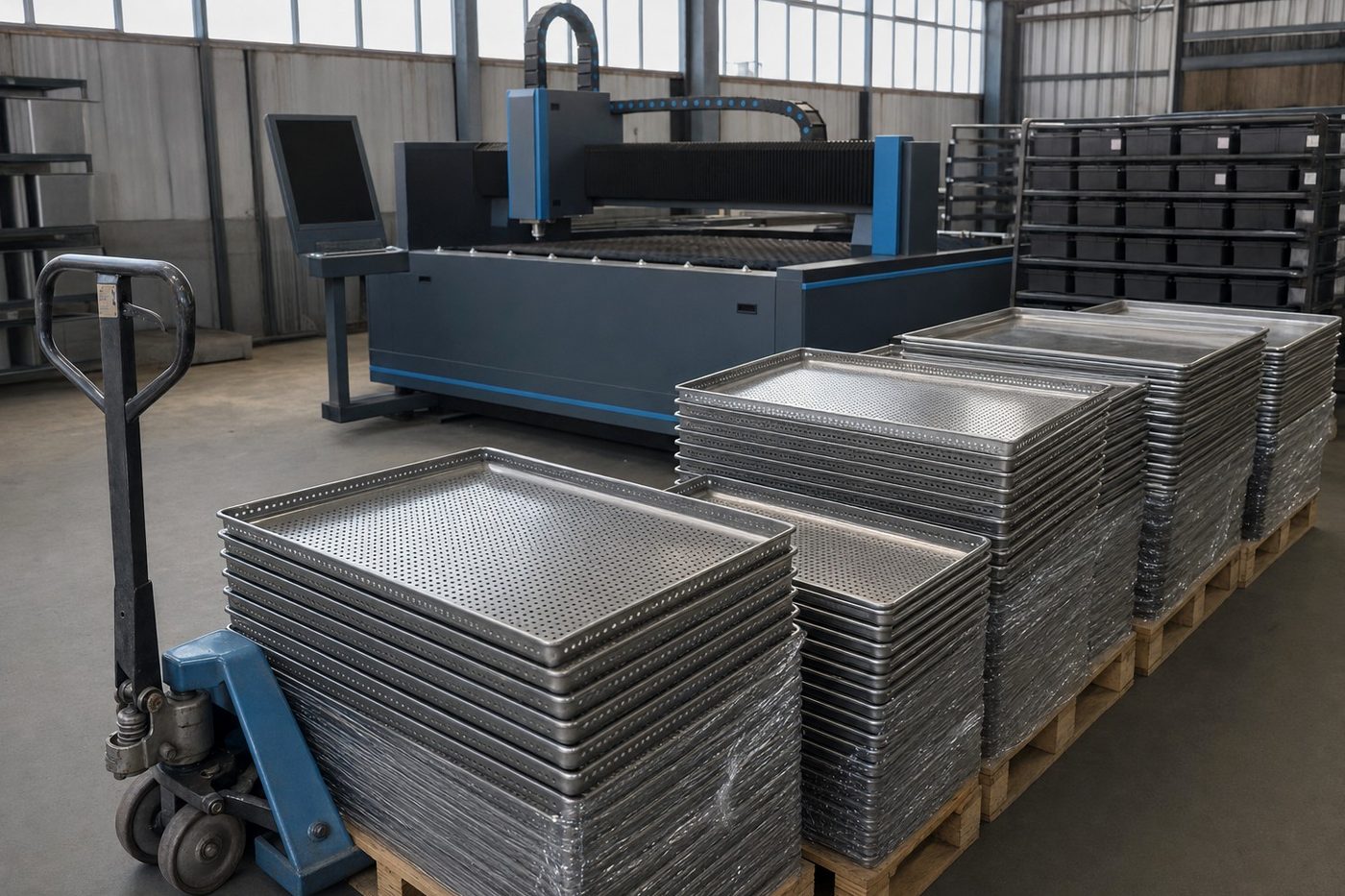 Shrink-wrapped stacks of perforated baking trays on wooden pallets with a blue pallet jack, the fibre laser cutter in the background of the workshop