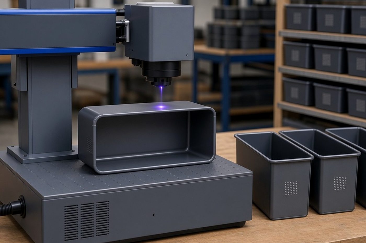Desktop fibre laser marker firing down onto the side wall of a loaf tin laid on its side on the marking bed, with three dot-coded loaf tins standing upright on the bench beside it